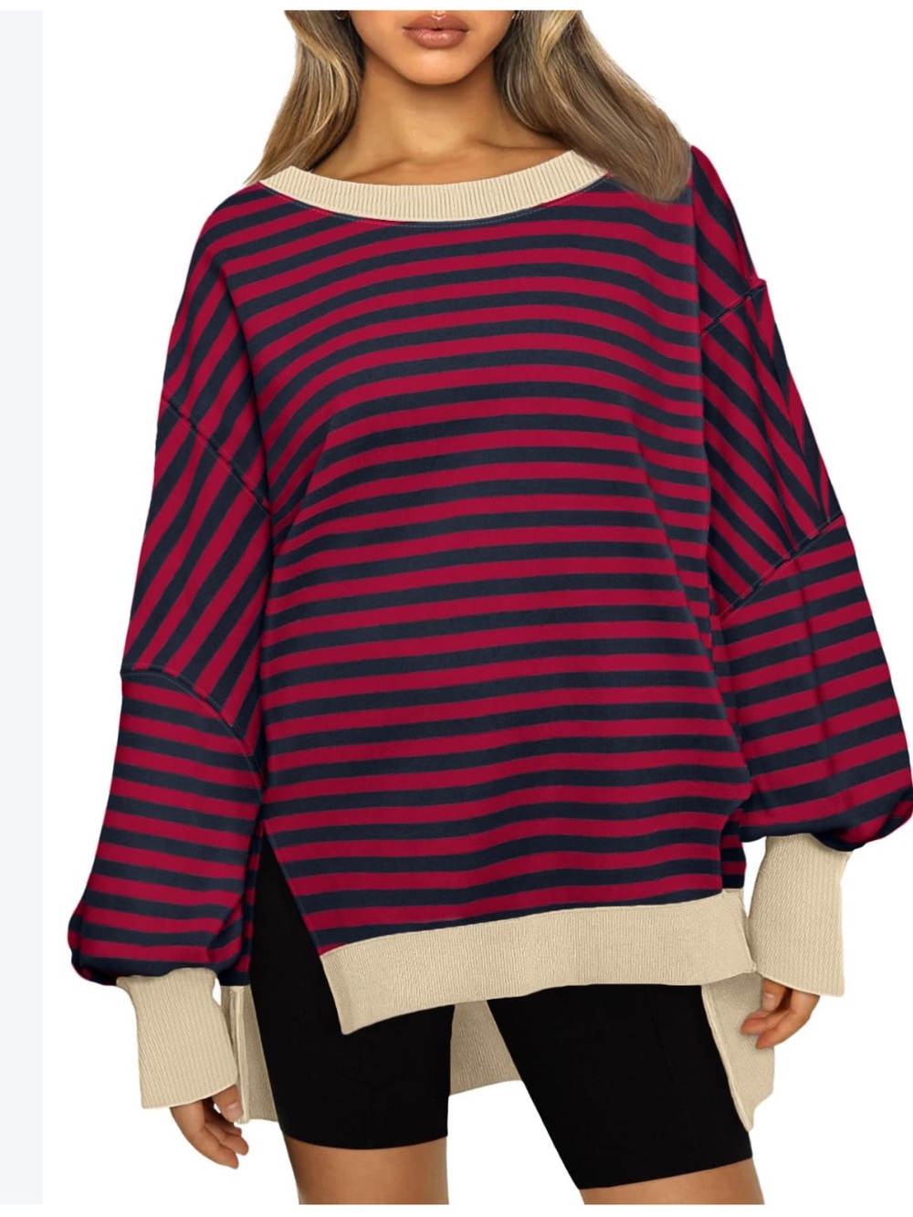 Trendy Queen Striped Cotton Blend Oversized Sweatshirt Red & Navy Size Medium